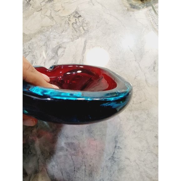 Vintage MCM Murano Glass Ashtray Blue Red Beautiful Heavy! - Picture 2 of 6